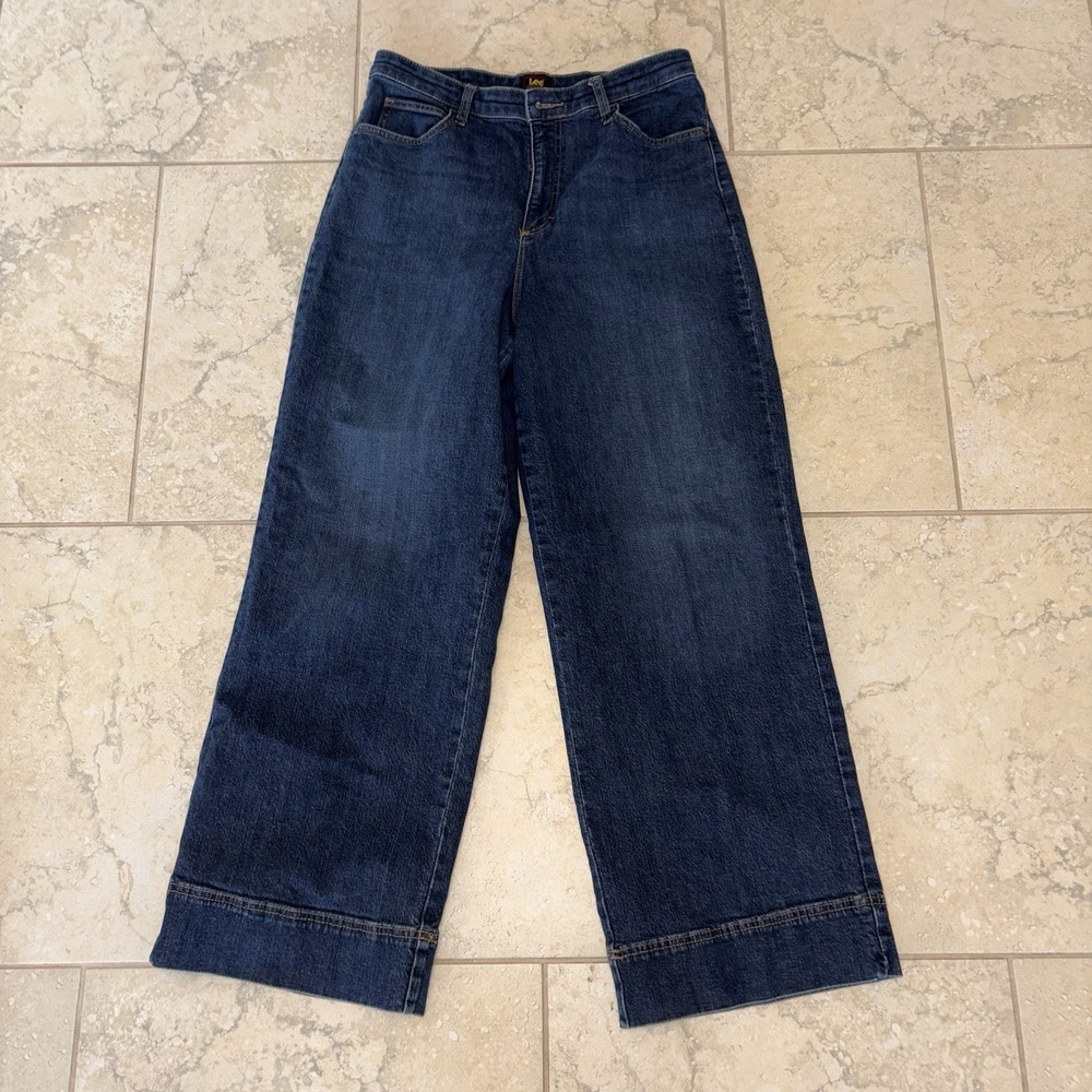 Lee Jeans Womens 14 Medium Blue Wide Leg High Rise Denim Dark Stretch Relaxed